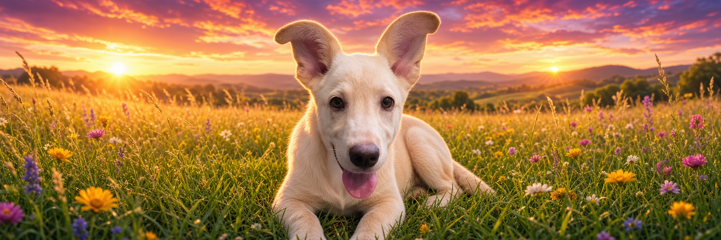Sunshine lying in a golden meadow at sunset